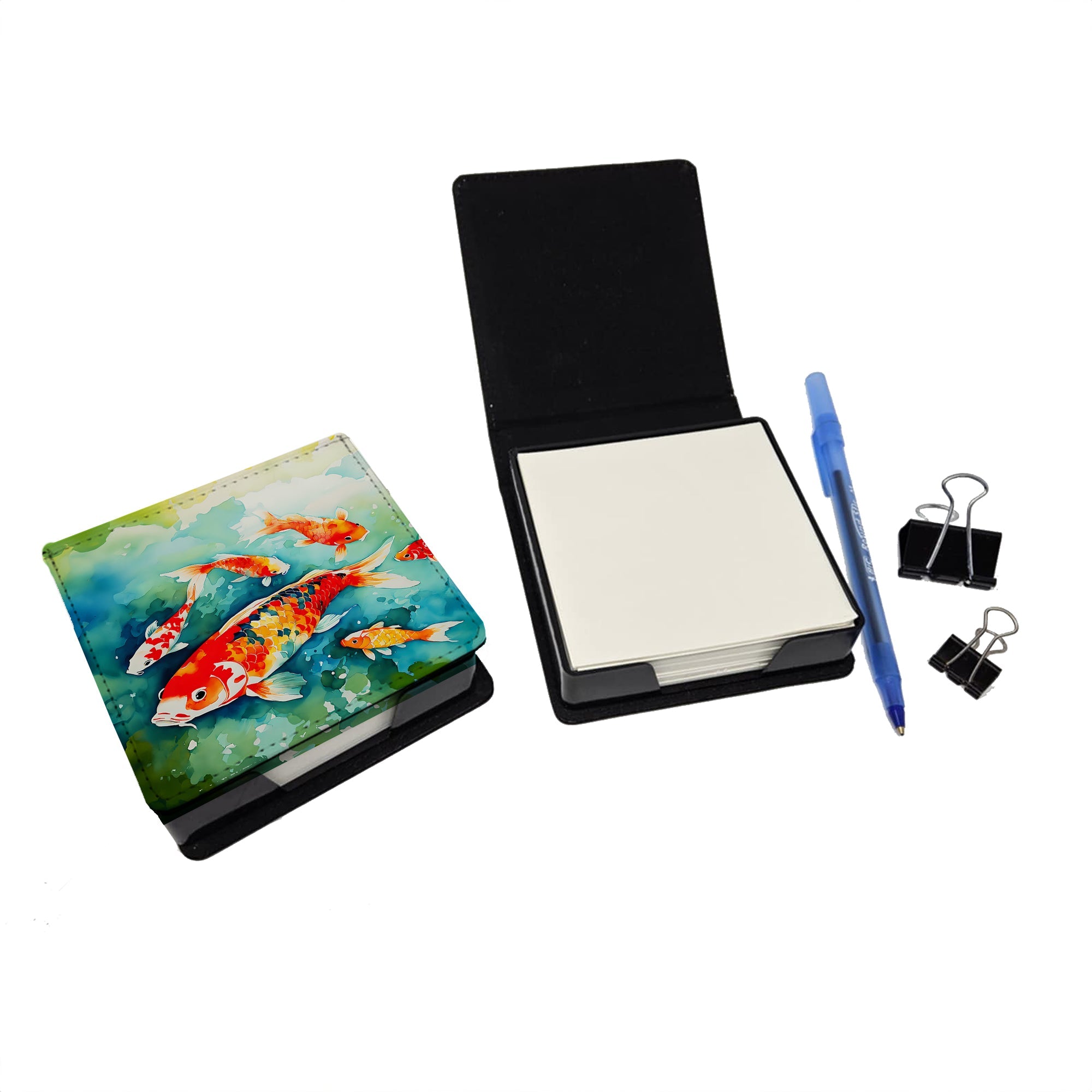 Koi Fish PU Leather Note Paper Holder with Artist-Designed Cover, Desk Accessory, Office Gift