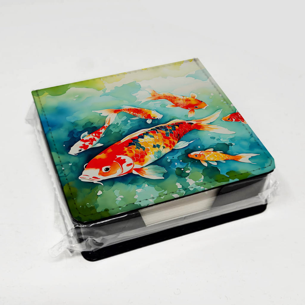 Koi Fish PU Leather Note Paper Holder with Artist-Designed Cover, Desk Accessory, Office Gift