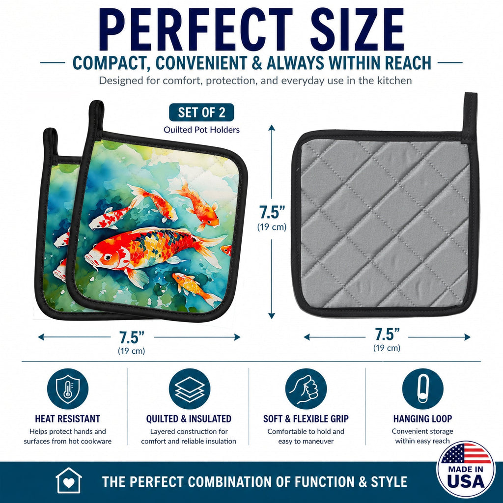 Koi Fish Pot Holder Set of 2 Heat Resistant Quilted Hot Pads 7.5 x 7.5 Inch, Insulated Kitchen Trivets for Cooking & Baking