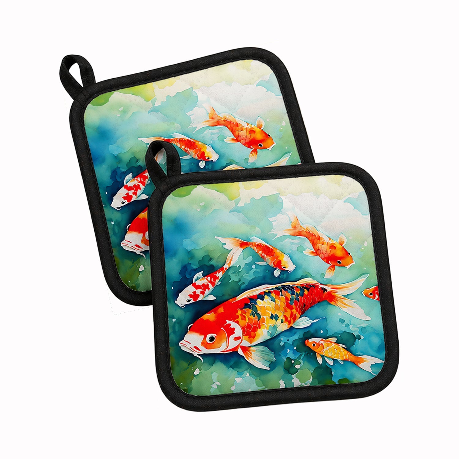 Koi Fish Pot Holder Set of 2 Heat Resistant Quilted Hot Pads 7.5 x 7.5 Inch, Insulated Kitchen Trivets for Cooking & Baking
