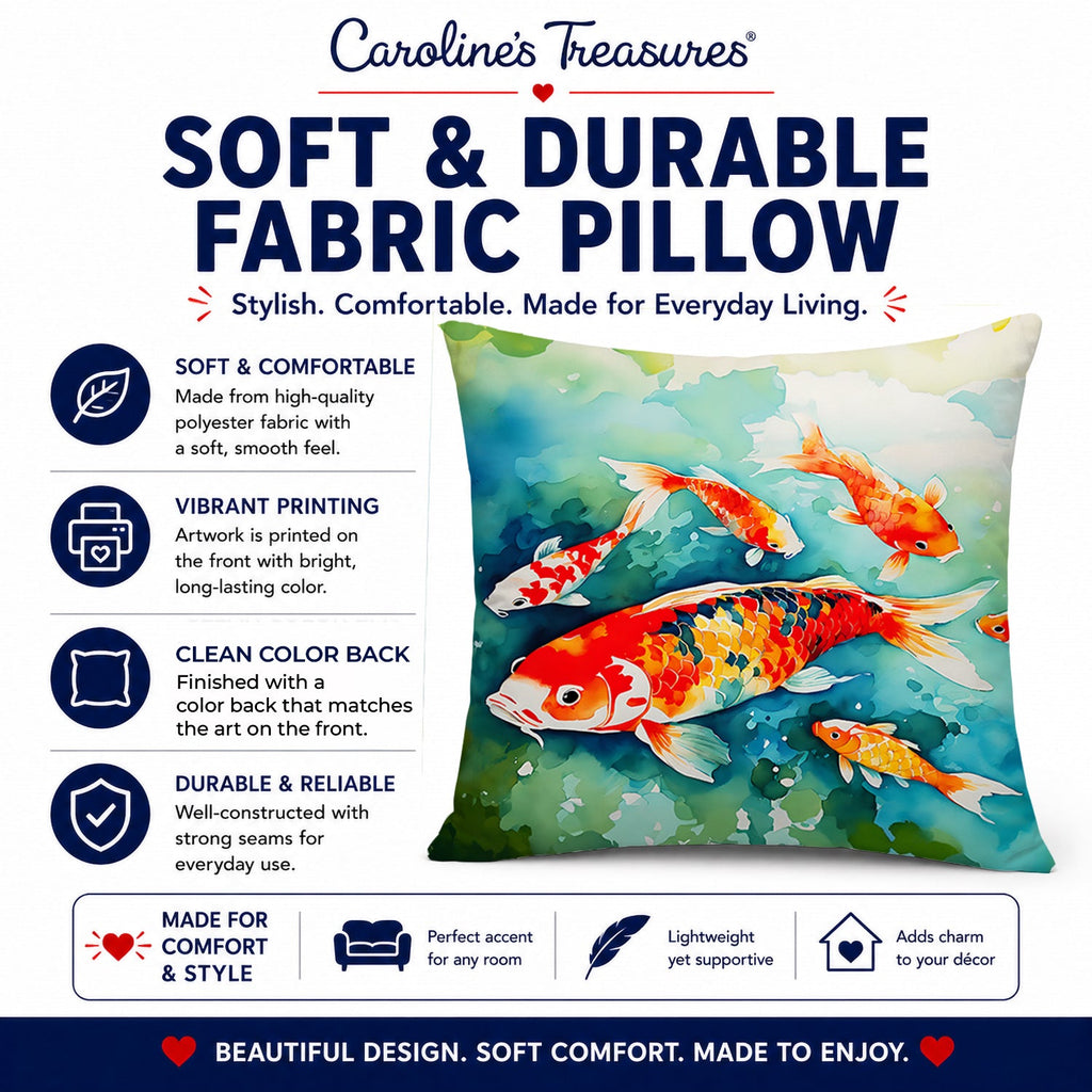 Koi Fish Decorative Throw Pillow 14x14 Indoor Outdoor Accent Cushion, Fabric Cover with Insert for Sofa, Bed, Porch & Living Room