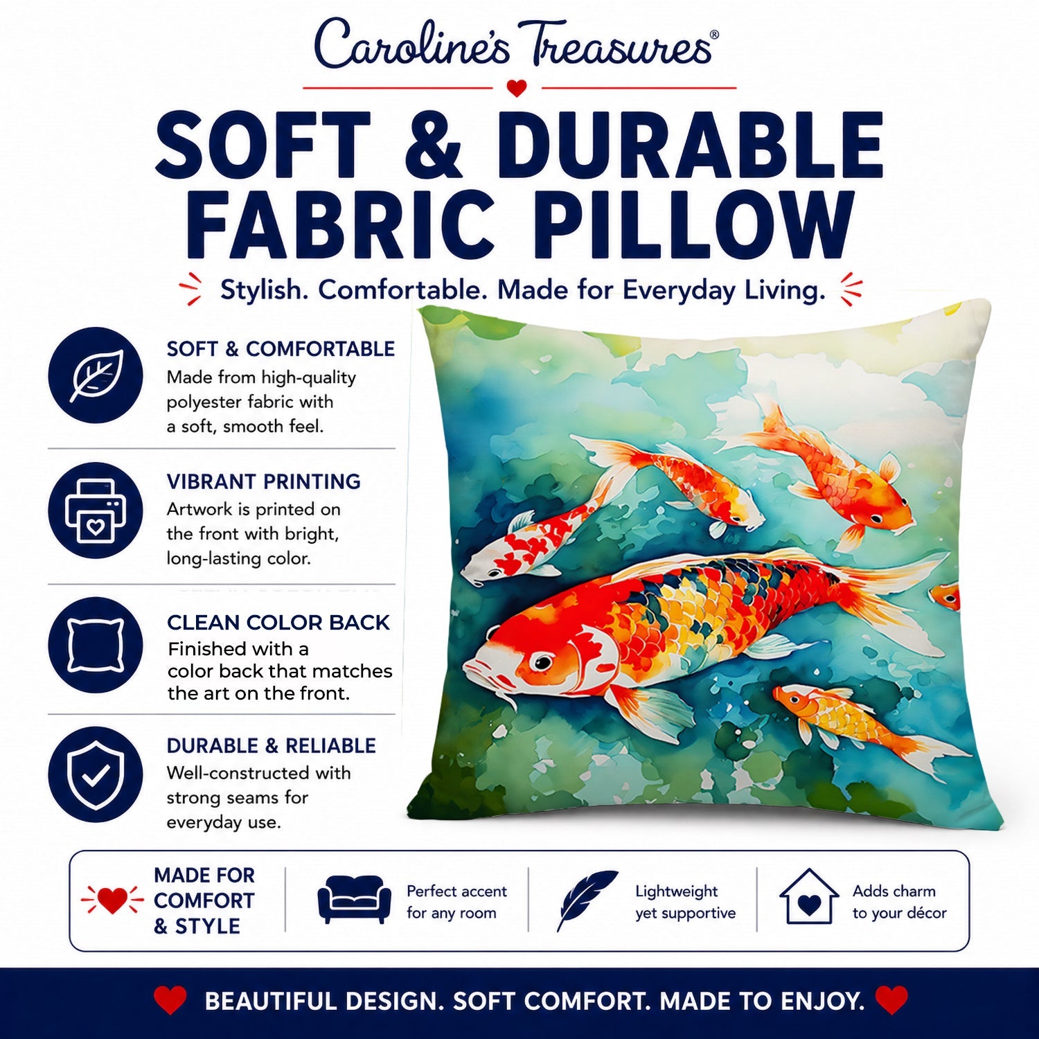 Koi Fish Decorative Throw Pillow 14x14 Indoor Outdoor Accent Cushion, Fabric Cover with Insert for Sofa, Bed, Porch & Living Room