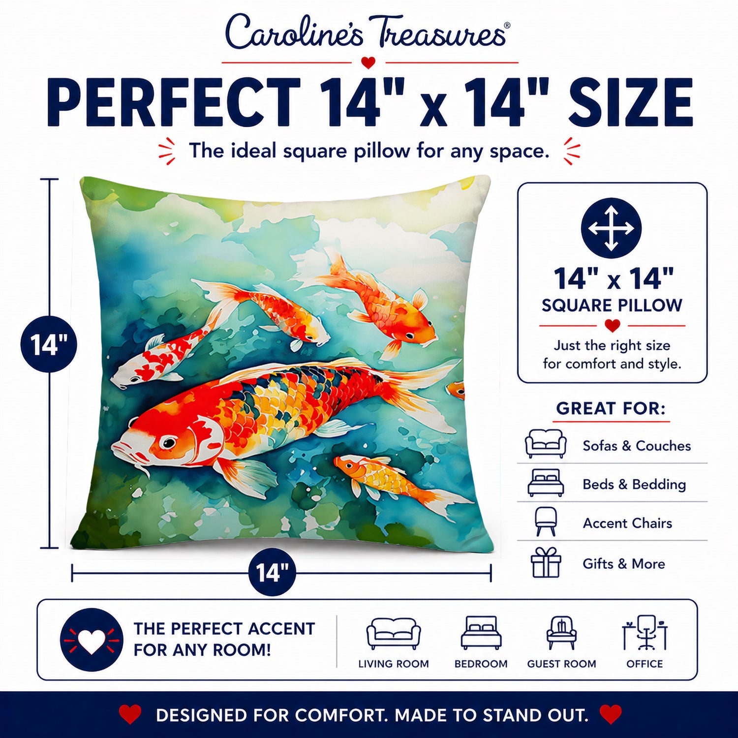 Koi Fish Decorative Throw Pillow 14x14 Indoor Outdoor Accent Cushion, Fabric Cover with Insert for Sofa, Bed, Porch & Living Room