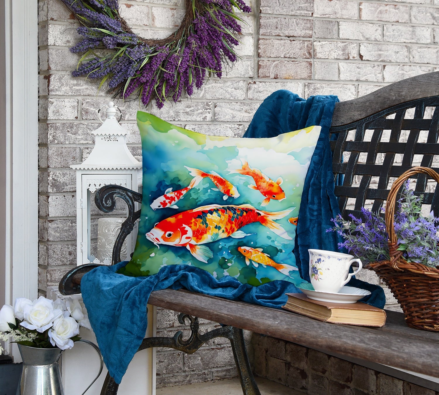 Koi Fish Decorative Throw Pillow 18x18 Indoor Outdoor Accent Cushion, Fabric Cover with Insert for Sofa, Bed, Porch & Living Room