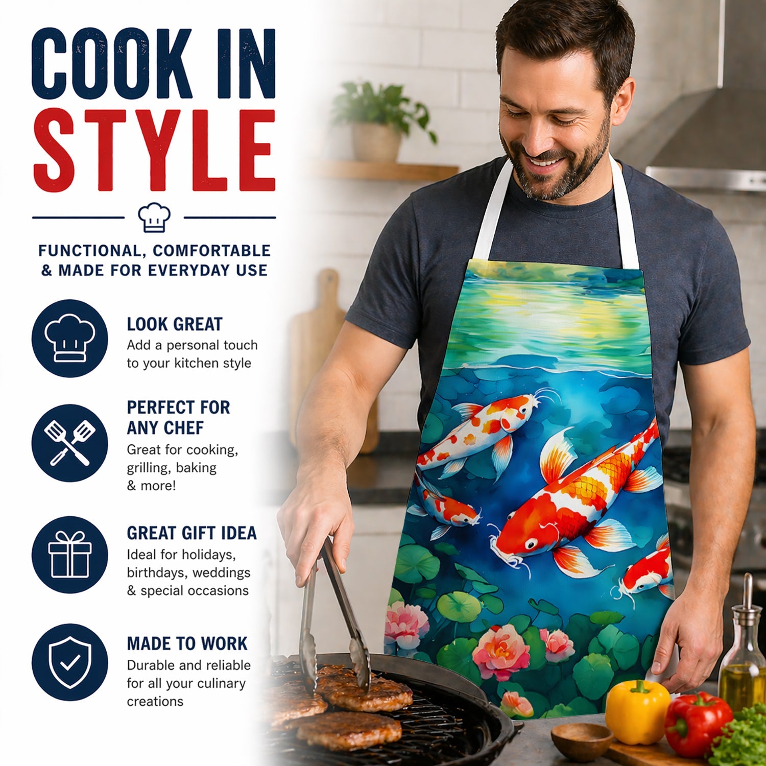 Koi Fish Apron Cooking Kitchen Server Baking Crafts Gardening for Adult Women Men, Unisex, Large, Multicolor