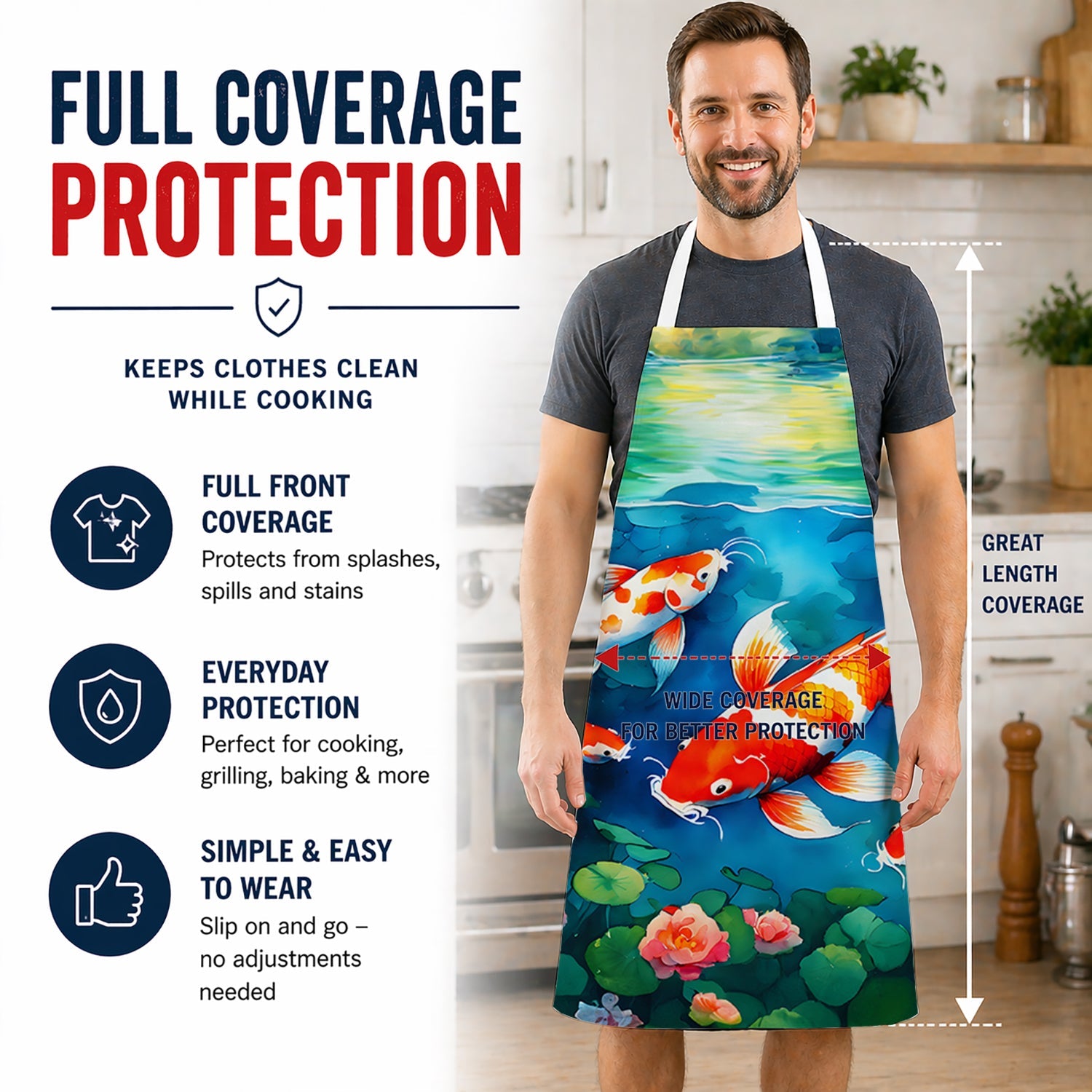 Koi Fish Apron Cooking Kitchen Server Baking Crafts Gardening for Adult Women Men, Unisex, Large, Multicolor