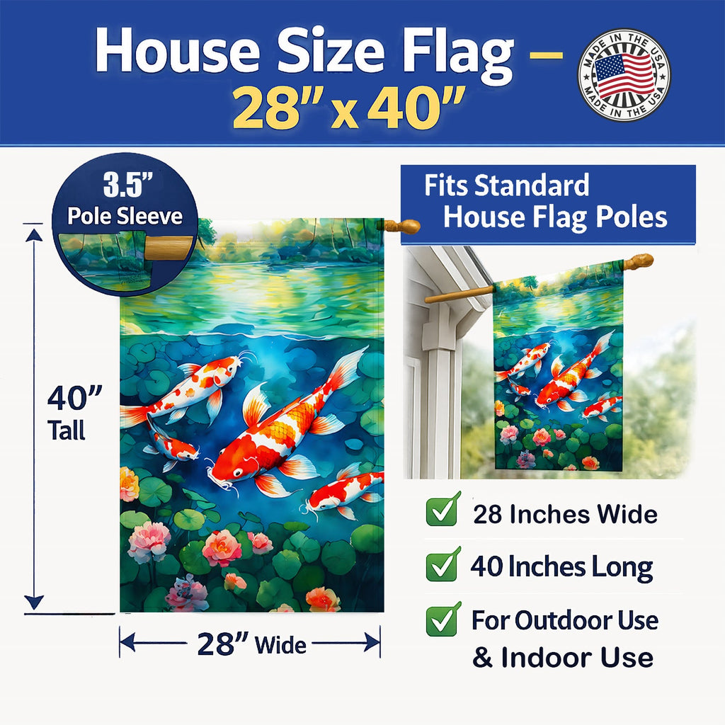 Koi Fish House Flag 28x40 Porch Sleeve Pole Decorative Outside Yard Banner Artwork Wall Hanging, Polyester