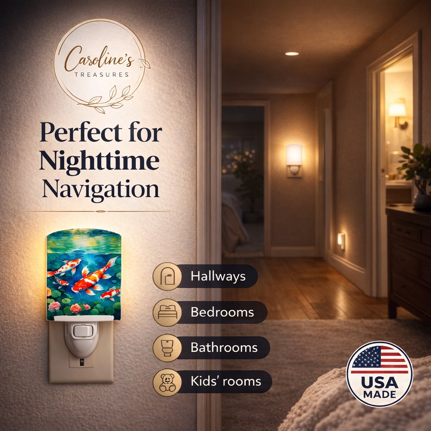 Koi Fish Ceramic Night Light Compact, UL-Certified, Ideal for Bedroom, Bathroom, Nursery, Hallway, Kitchen, 6x4x3, Multicolor