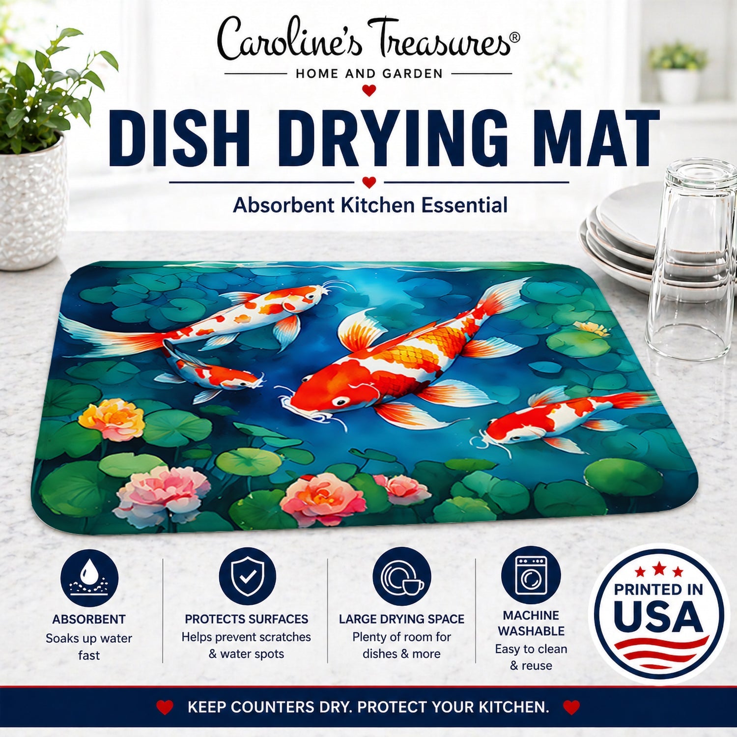 Koi Fish Dish Drying Mat Absorbent Dish Drying Mat Pad for Kitchen Counter Dish Drainer Mat for Countertop, 14 x 21", Multicolor