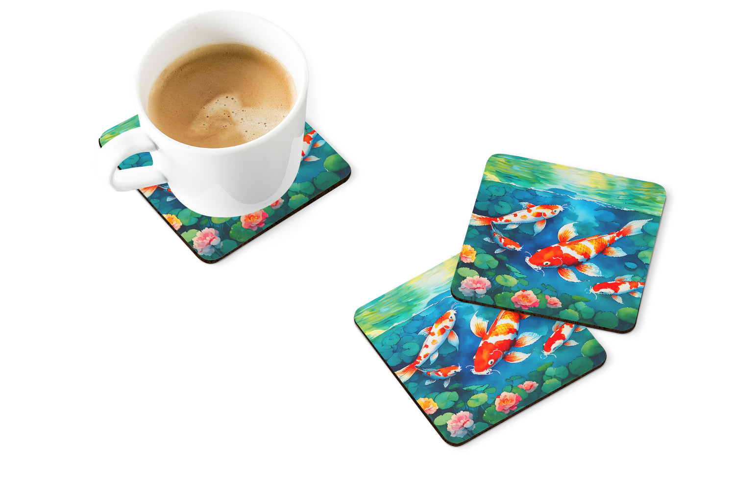 Koi Fish Foam Coasters Set of 4 Cup Coasters for Indoor Outdoor, Tabletop Protection, Anti Slip, Mouse pad Material