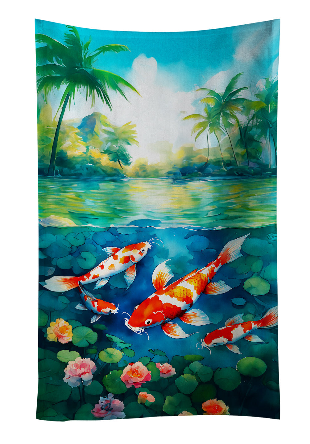 Koi Fish Kitchen Towel Velour Plush Front and Cotton Loop Back Machine Washable