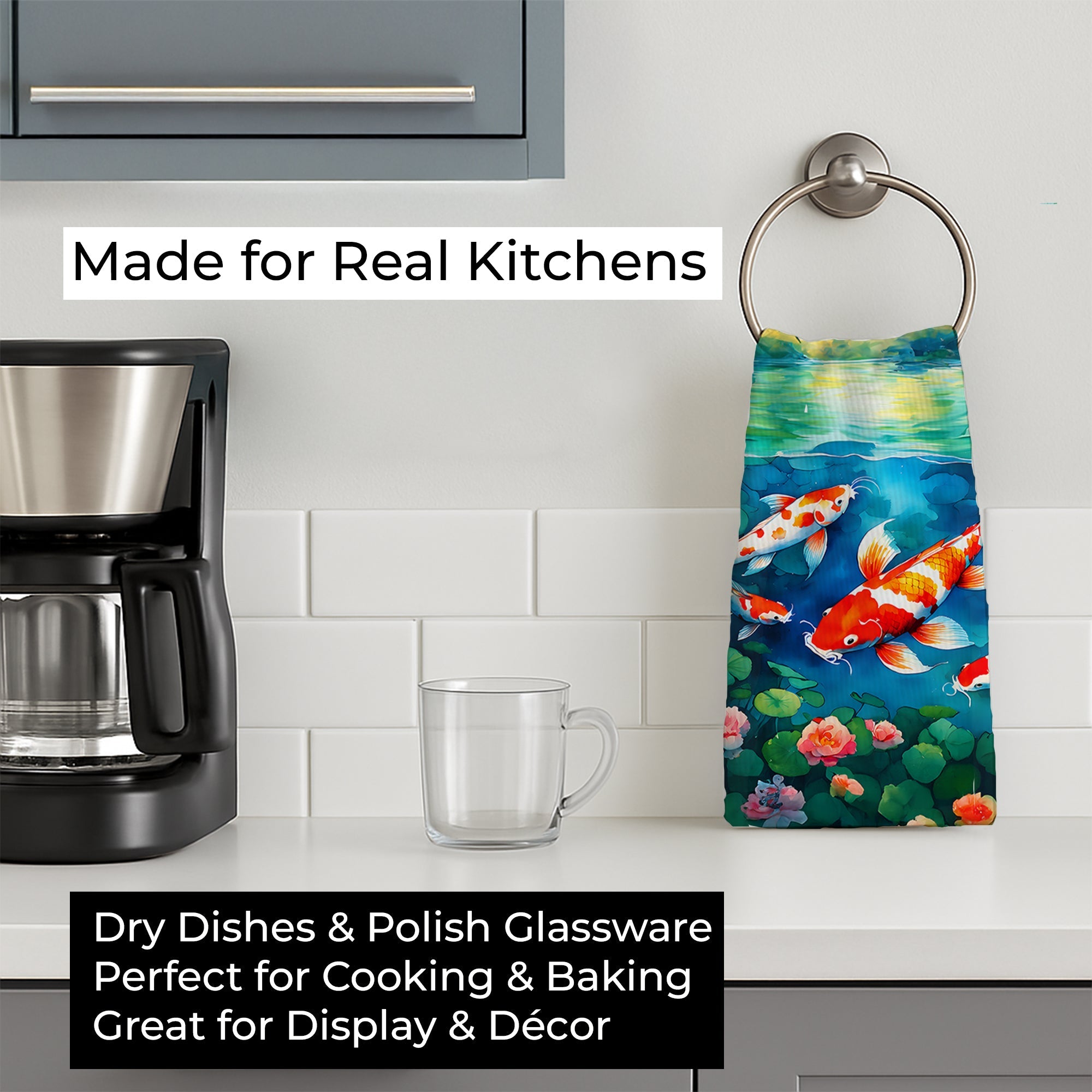 Koi Fish Kitchen Towel Velour Plush Front and Cotton Loop Back Machine Washable