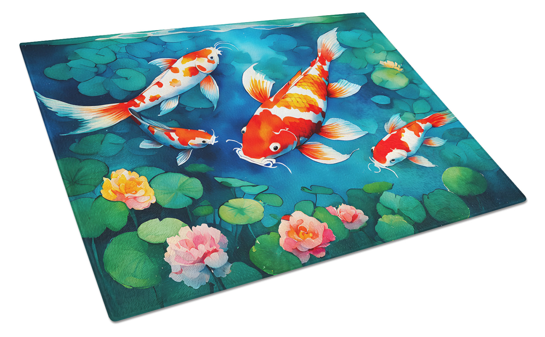 Koi Fish Cutting Board Tempered Glass Kitchen Cutting Surface, Heat Resistant Chopping, Non-Slip Feet, Food Prep & Serving
