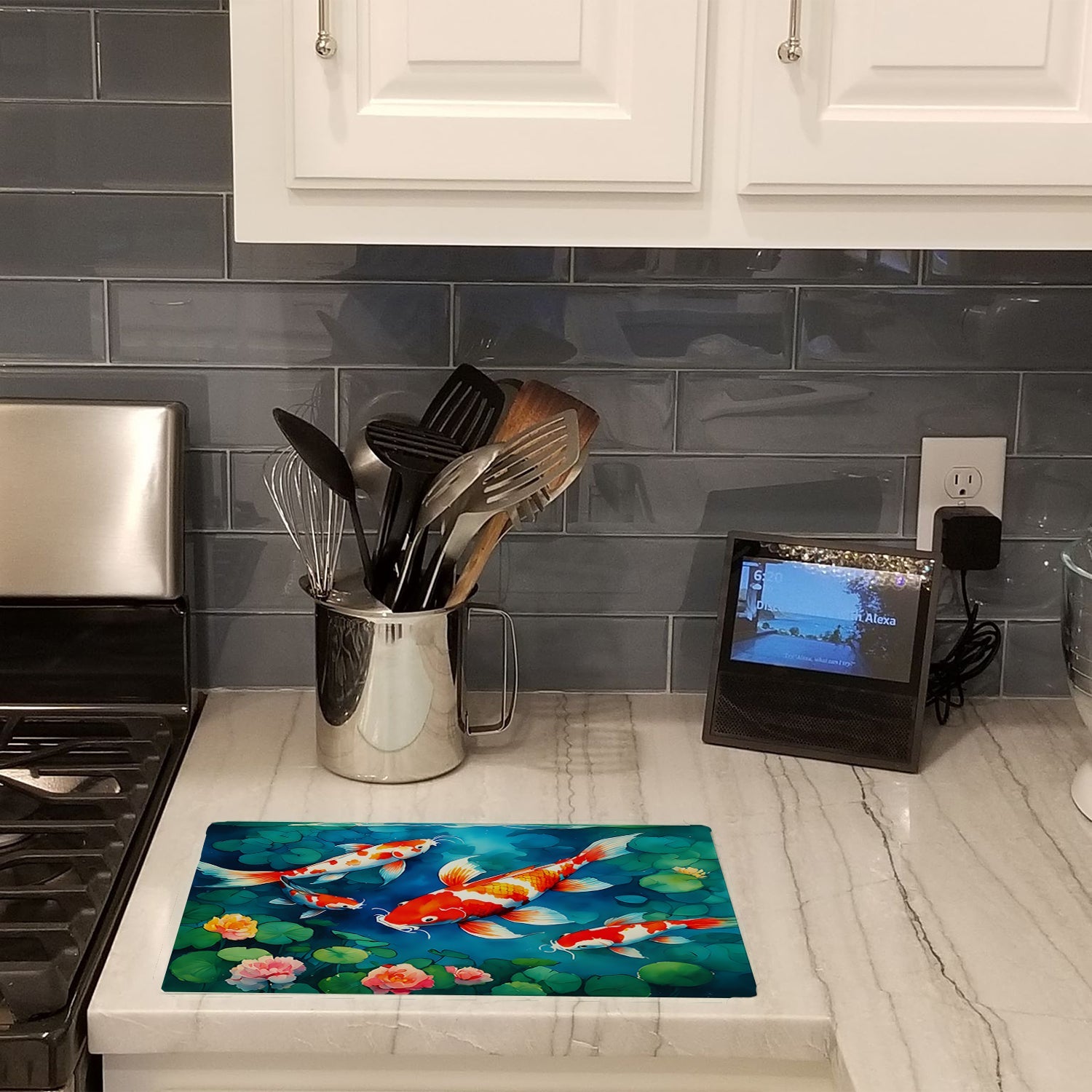 Koi Fish Cutting Board Tempered Glass Kitchen Cutting Surface, Heat Resistant Chopping, Non-Slip Feet, Food Prep & Serving