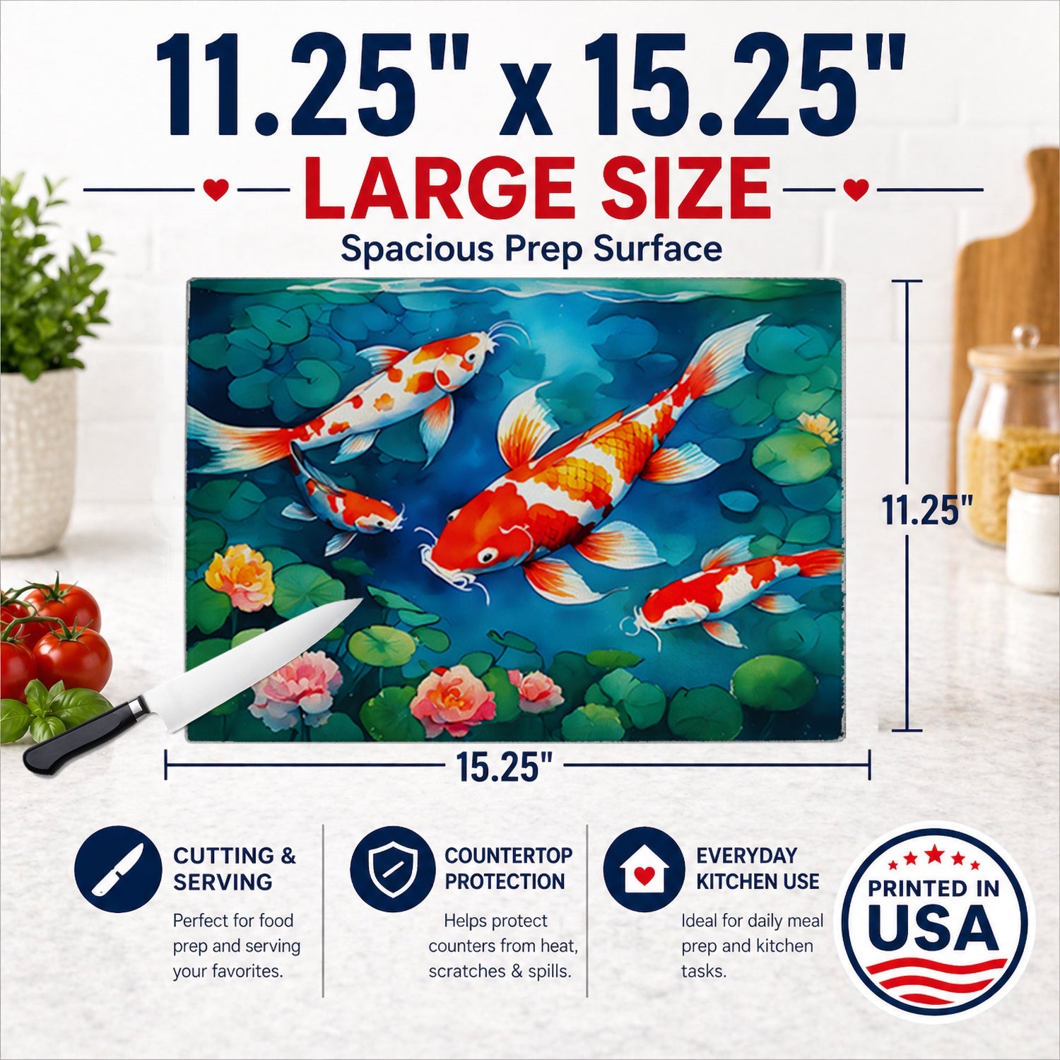 Koi Fish Cutting Board Tempered Glass Kitchen Cutting Surface, Heat Resistant Chopping, Non-Slip Feet, Food Prep & Serving