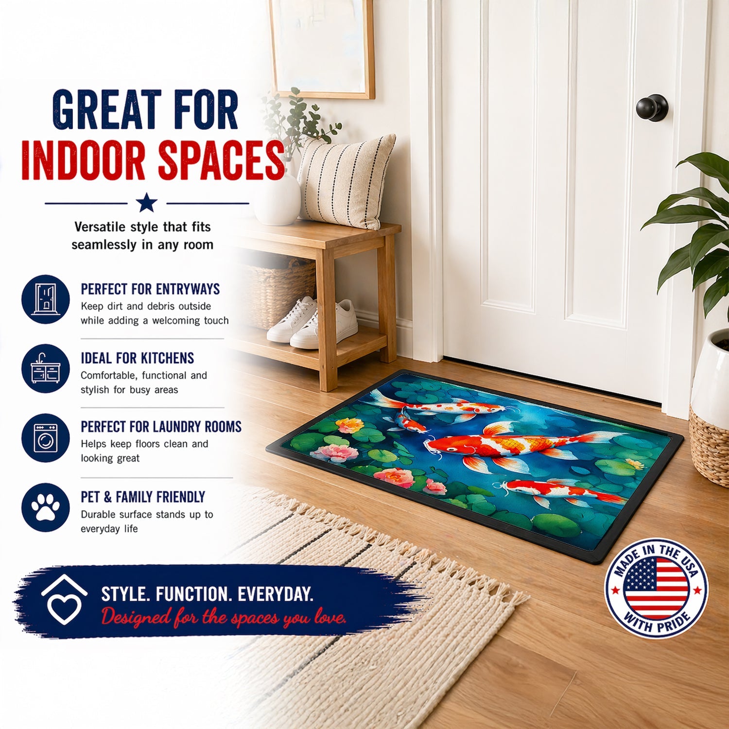 Koi Fish Doormat Indoor Outdoor 18H X 27W Front Door Mat Rugs for Entryway, Non Slip Washable