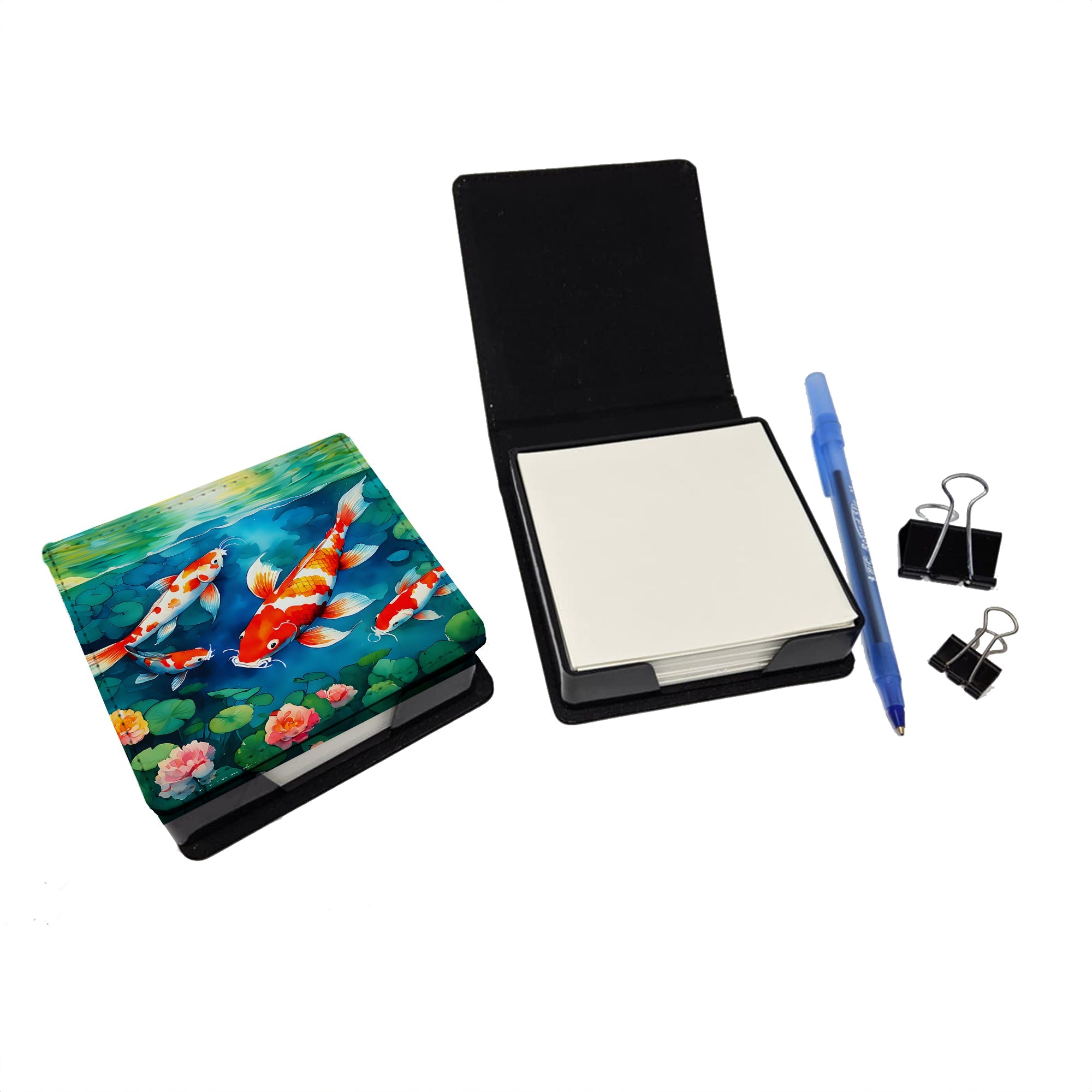 Koi Fish PU Leather Note Paper Holder with Artist-Designed Cover, Desk Accessory, Office Gift
