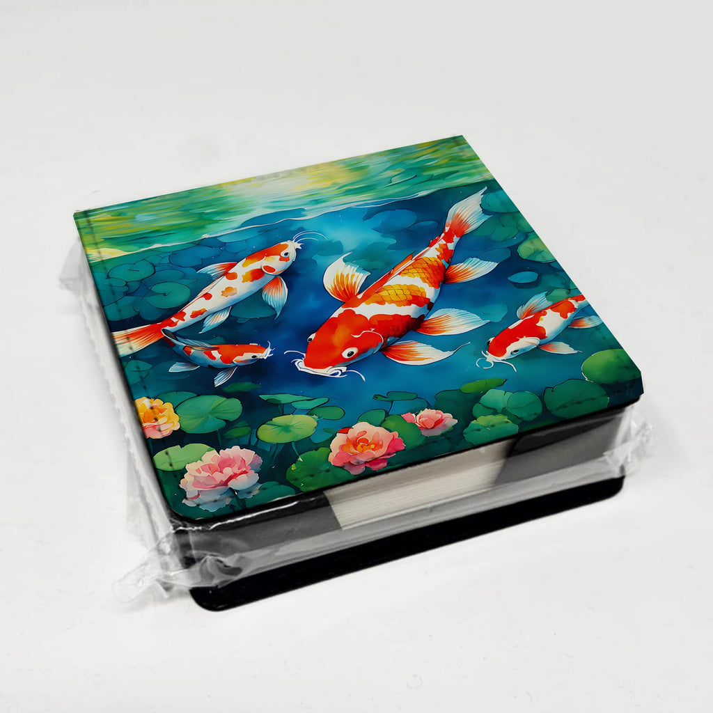 Koi Fish PU Leather Note Paper Holder with Artist-Designed Cover, Desk Accessory, Office Gift