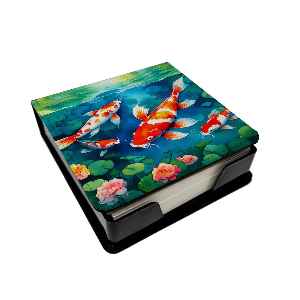 Koi Fish PU Leather Note Paper Holder with Artist-Designed Cover, Desk Accessory, Office Gift