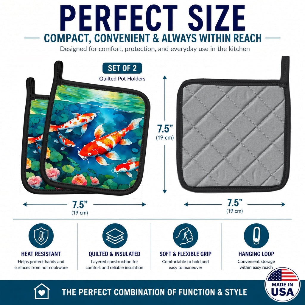 Koi Fish Pot Holder Set of 2 Heat Resistant Quilted Hot Pads 7.5 x 7.5 Inch, Insulated Kitchen Trivets for Cooking & Baking