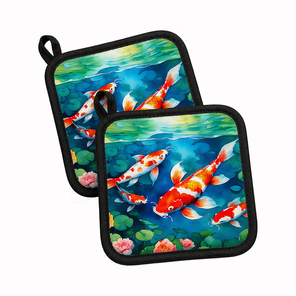 Koi Fish Pot Holder Set of 2 Heat Resistant Quilted Hot Pads 7.5 x 7.5 Inch, Insulated Kitchen Trivets for Cooking & Baking