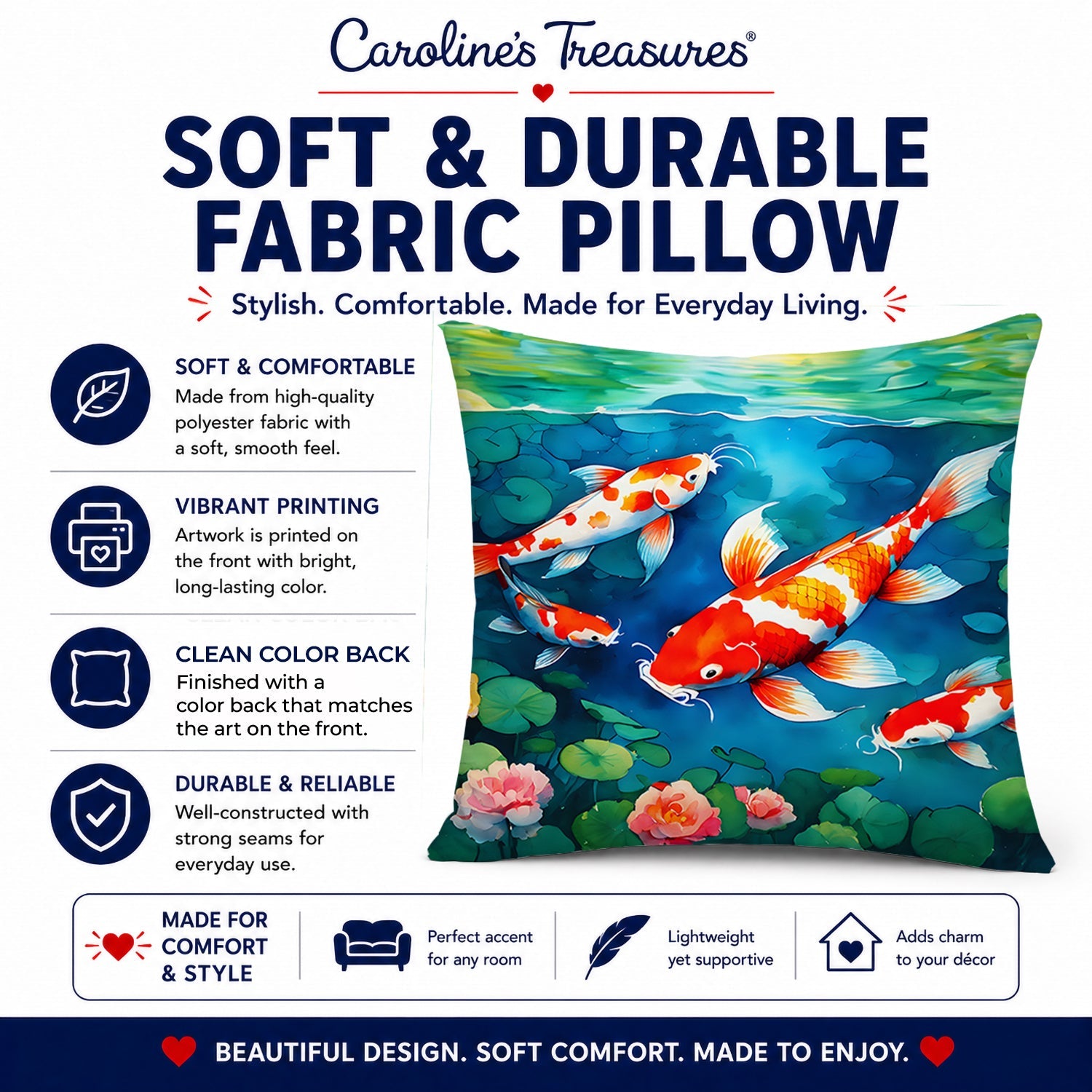 Koi Fish Decorative Throw Pillow 14x14 Indoor Outdoor Accent Cushion, Fabric Cover with Insert for Sofa, Bed, Porch & Living Room