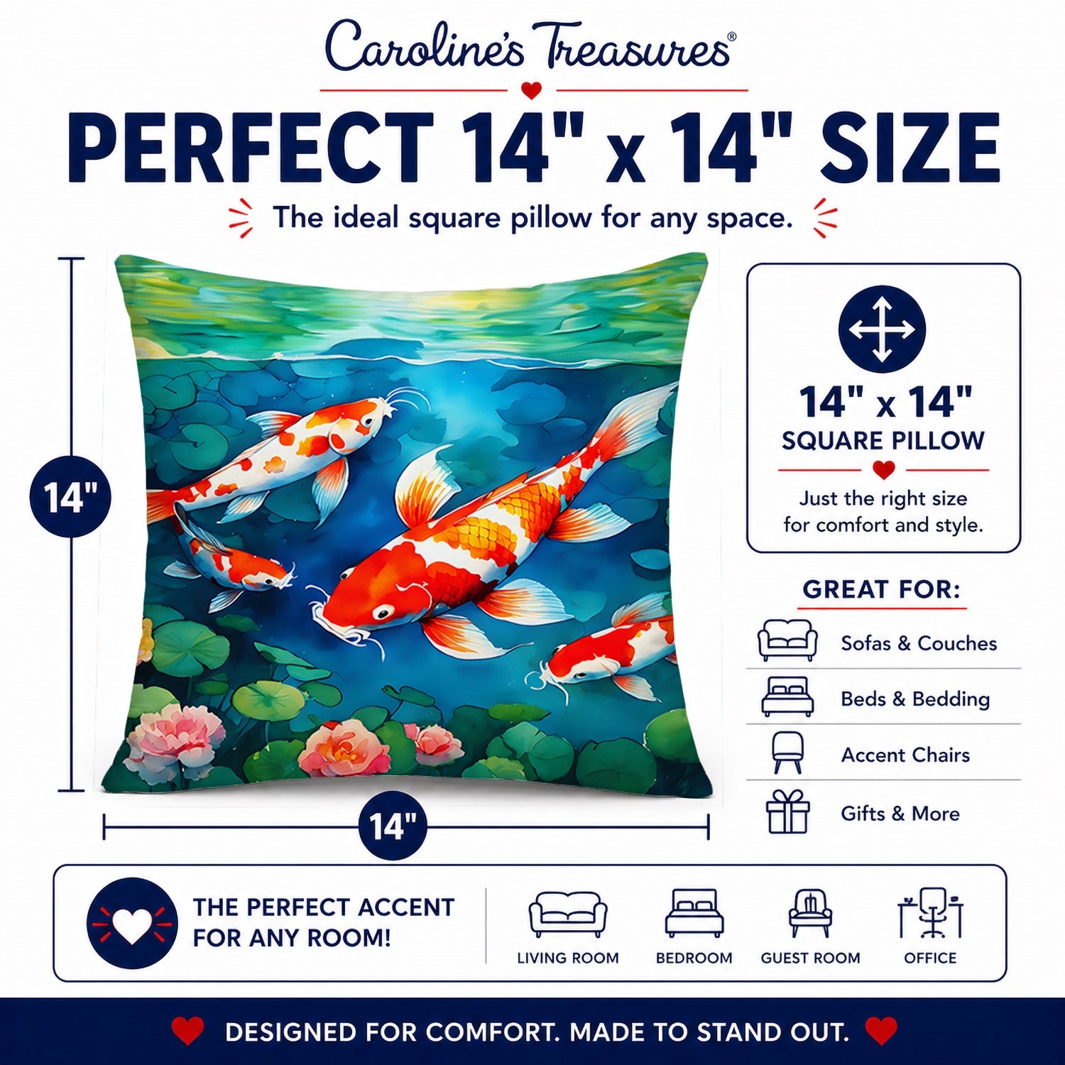 Koi Fish Decorative Throw Pillow 14x14 Indoor Outdoor Accent Cushion, Fabric Cover with Insert for Sofa, Bed, Porch & Living Room