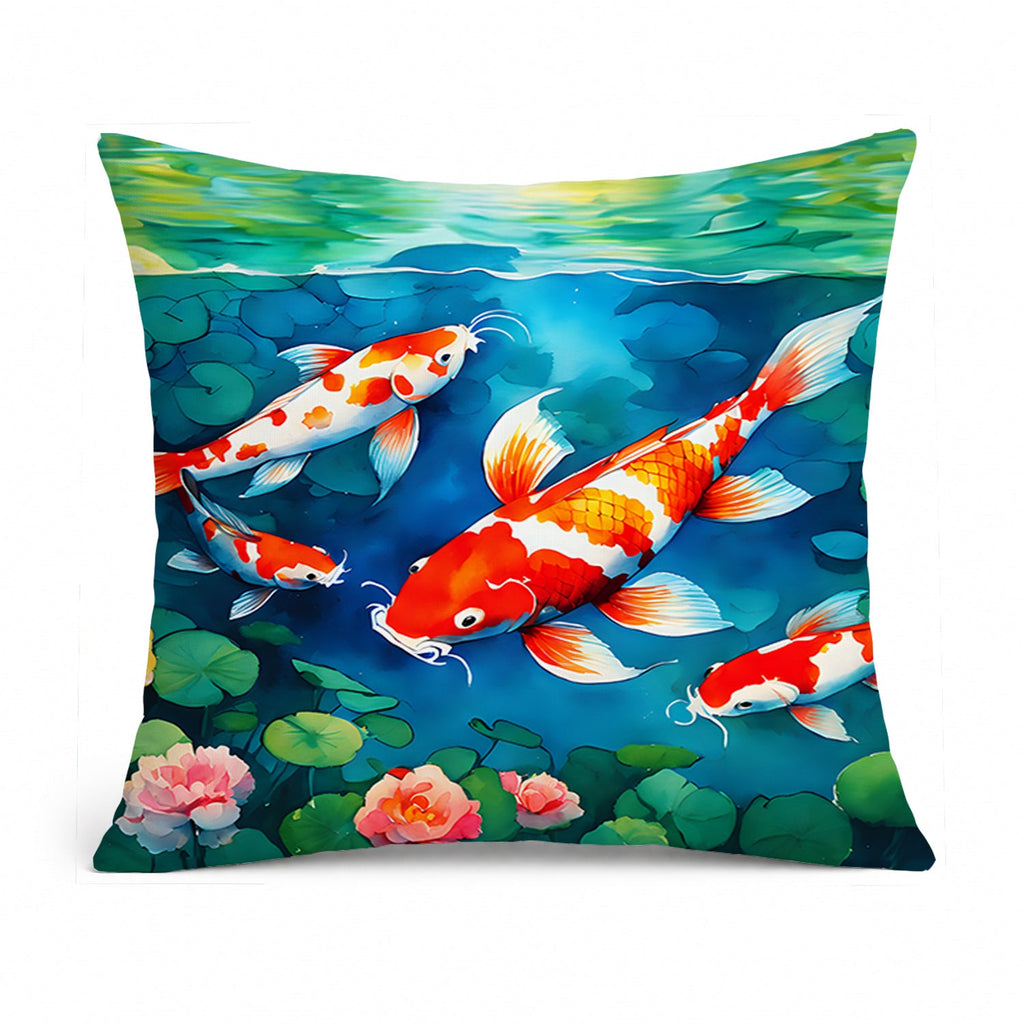 Koi Fish Decorative Throw Pillow 14x14 Indoor Outdoor Accent Cushion, Fabric Cover with Insert for Sofa, Bed, Porch & Living Room