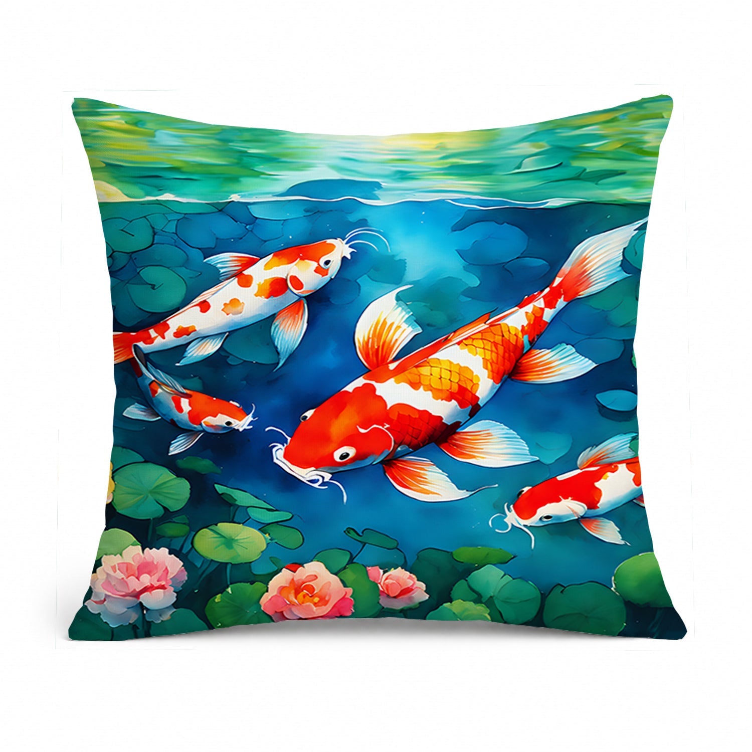 Koi Fish Decorative Throw Pillow 14x14 Indoor Outdoor Accent Cushion, Fabric Cover with Insert for Sofa, Bed, Porch & Living Room