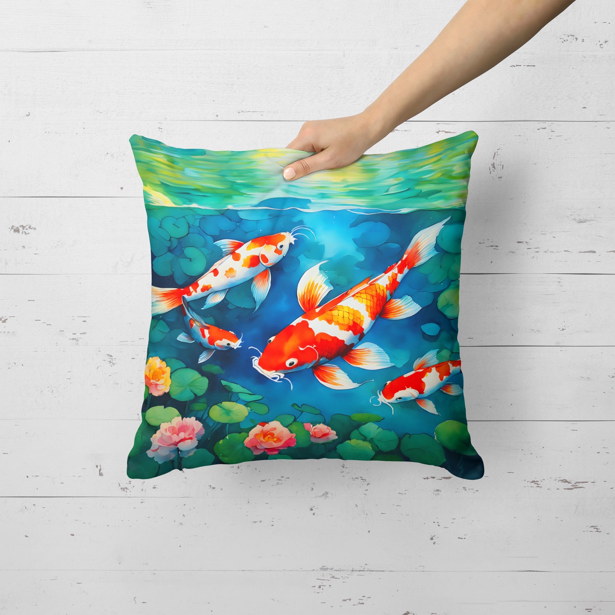 Koi Fish Decorative Throw Pillow 18x18 Indoor Outdoor Accent Cushion, Fabric Cover with Insert for Sofa, Bed, Porch & Living Room
