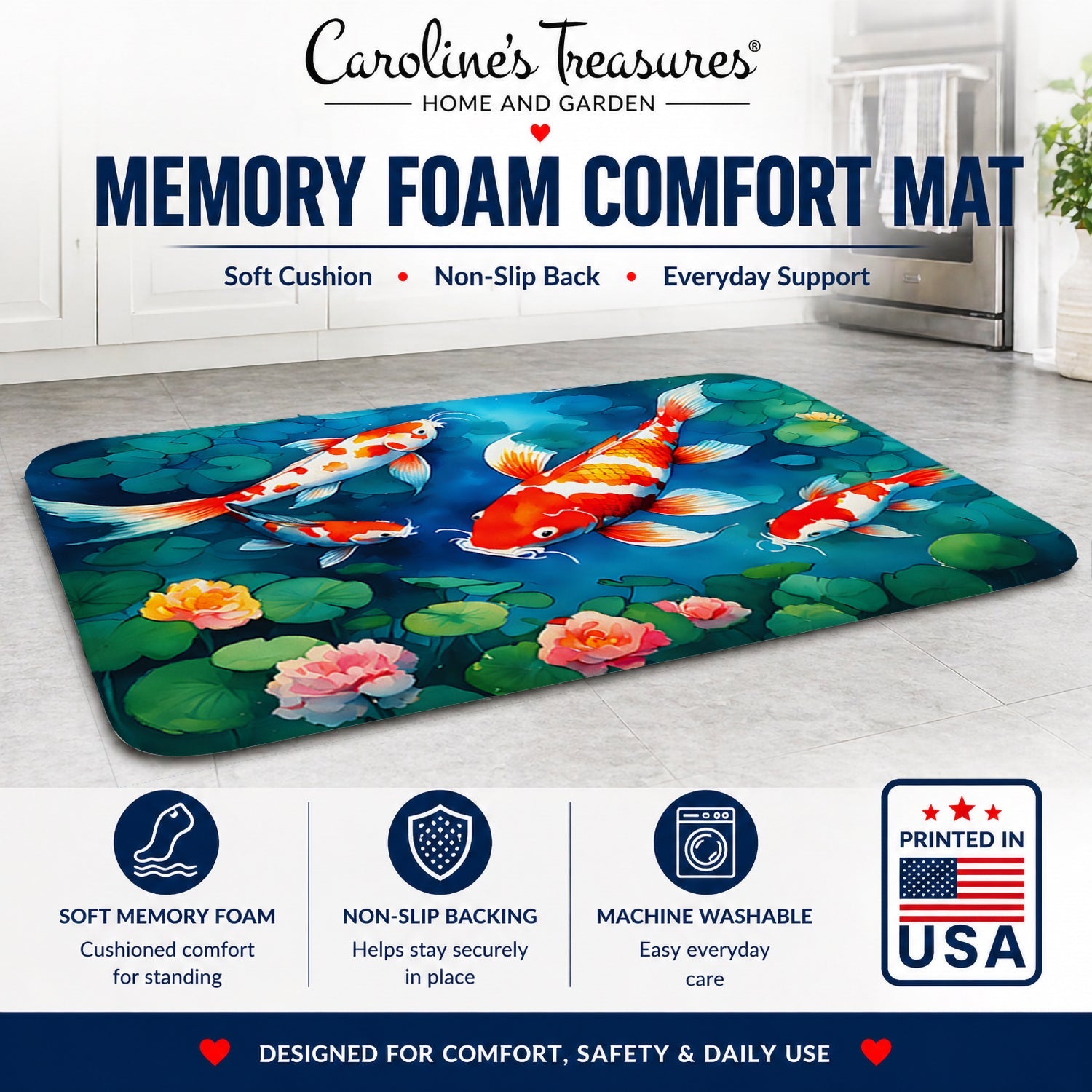 Koi Fish Memory Foam Kitchen Mat Machine Washable Anti-Fatigue Cushion Comfort Bath or Kitchen Rug