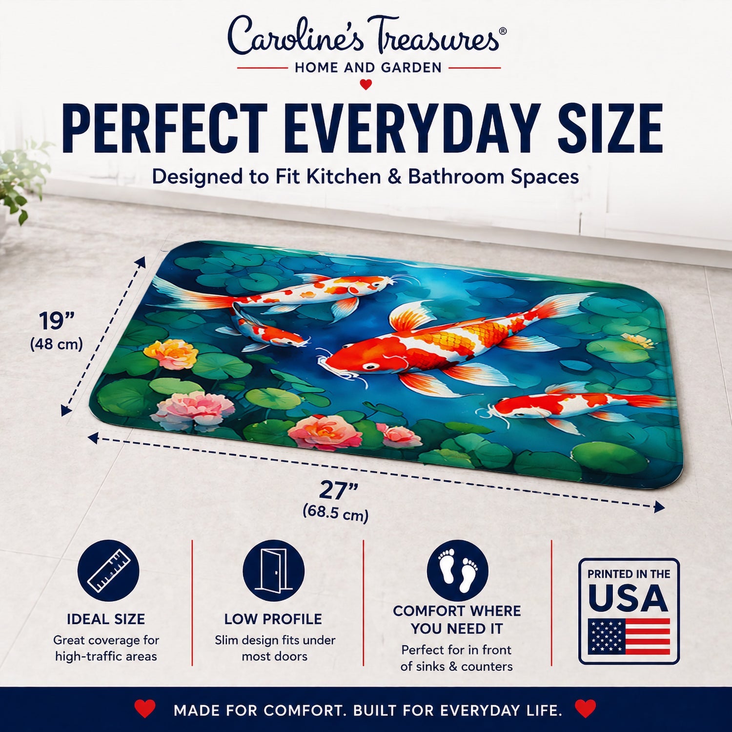 Koi Fish Memory Foam Kitchen Mat Machine Washable Anti-Fatigue Cushion Comfort Bath or Kitchen Rug