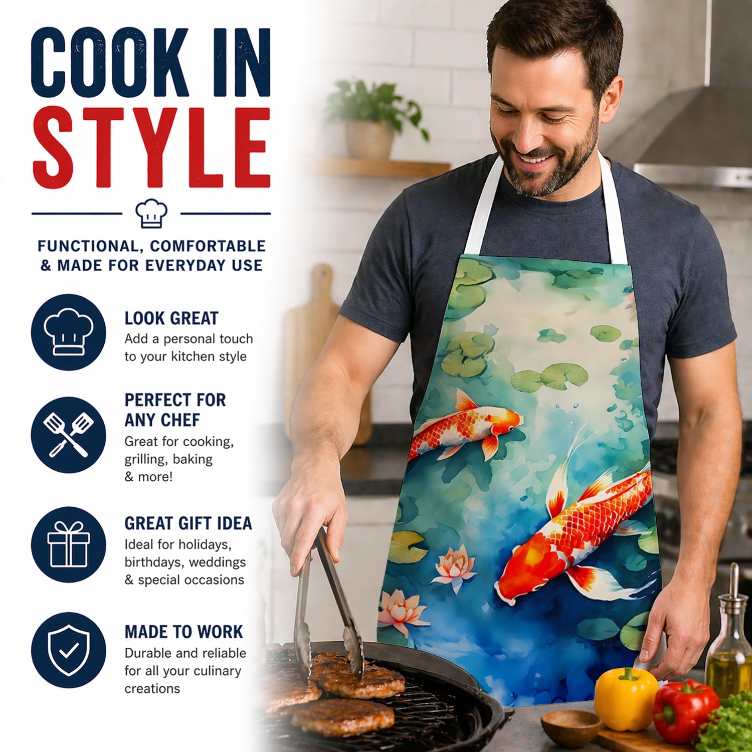 Koi Fish Apron Cooking Kitchen Server Baking Crafts Gardening for Adult Women Men, Unisex, Large, Multicolor