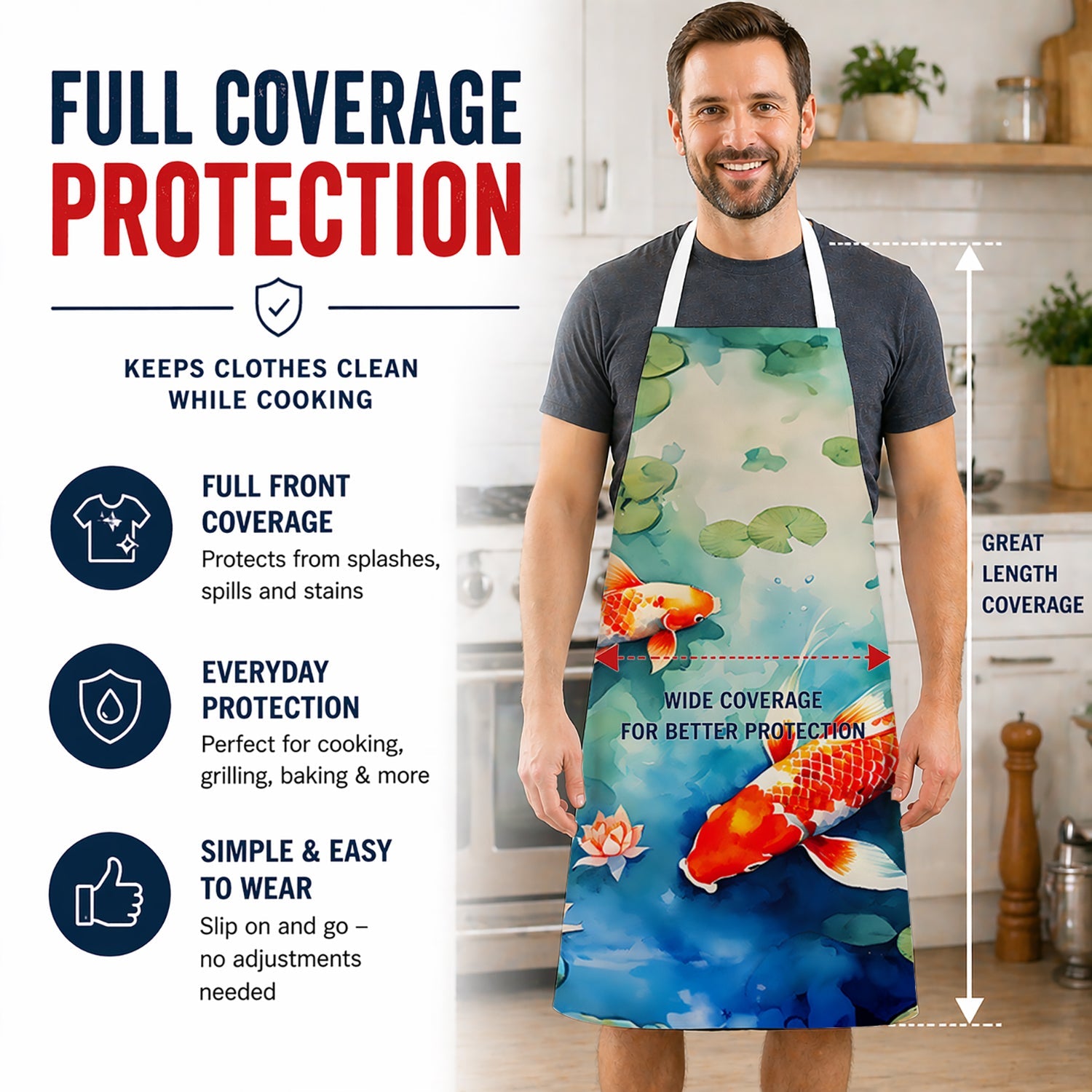 Koi Fish Apron Cooking Kitchen Server Baking Crafts Gardening for Adult Women Men, Unisex, Large, Multicolor