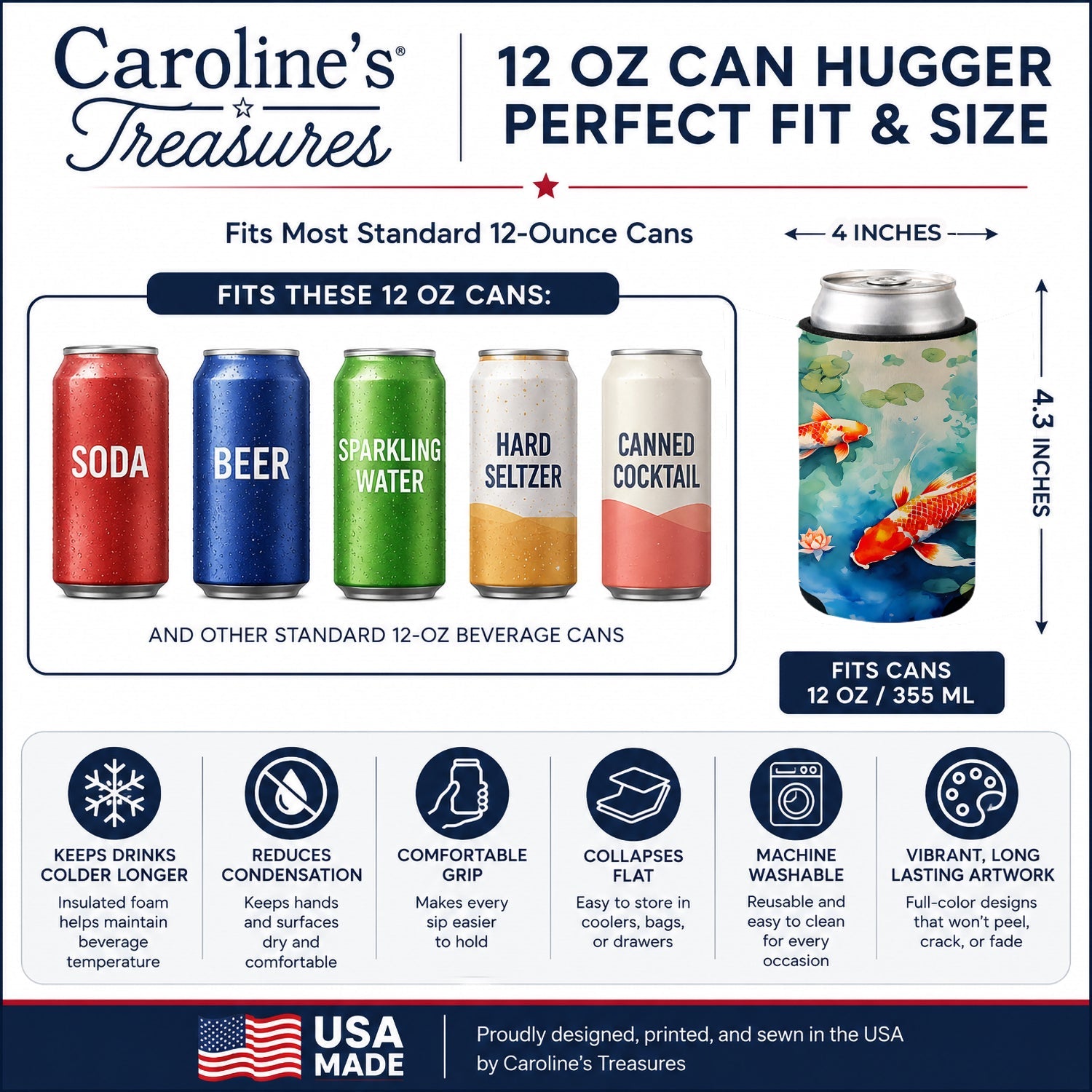 Koi Fish Can or Bottle Hugger Cooler Sleeve for Standard 12 oz Cans, Insulated Foam Beer & Soda Can Hugger Reusable