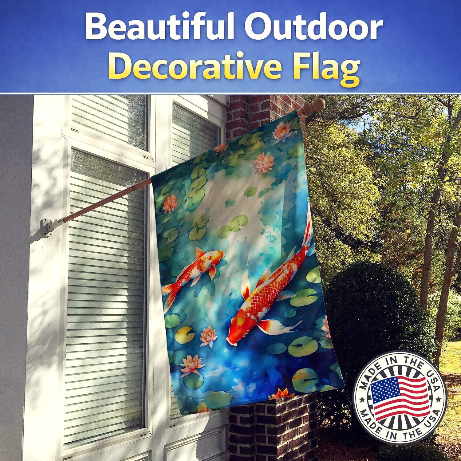 Koi Fish House Flag 28x40 Porch Sleeve Pole Decorative Outside Yard Banner Artwork Wall Hanging, Polyester