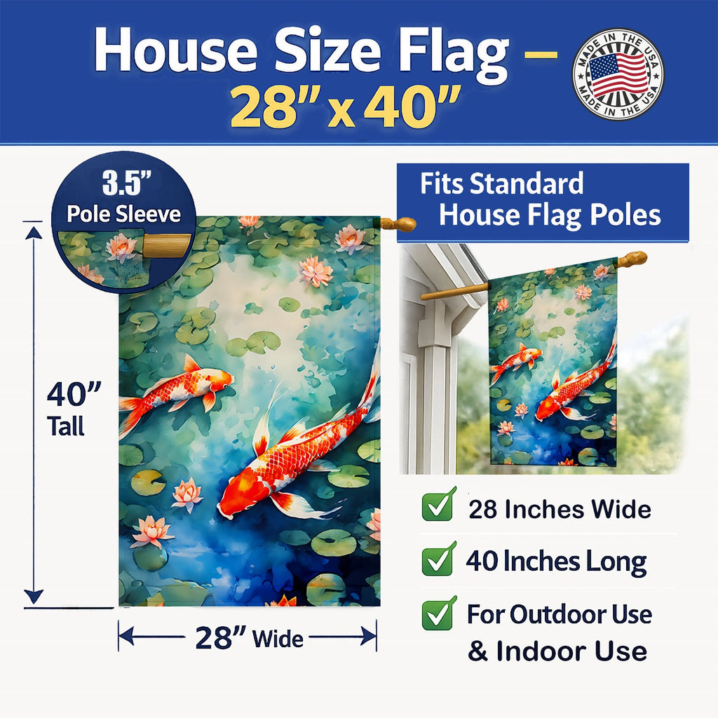 Koi Fish House Flag 28x40 Porch Sleeve Pole Decorative Outside Yard Banner Artwork Wall Hanging, Polyester