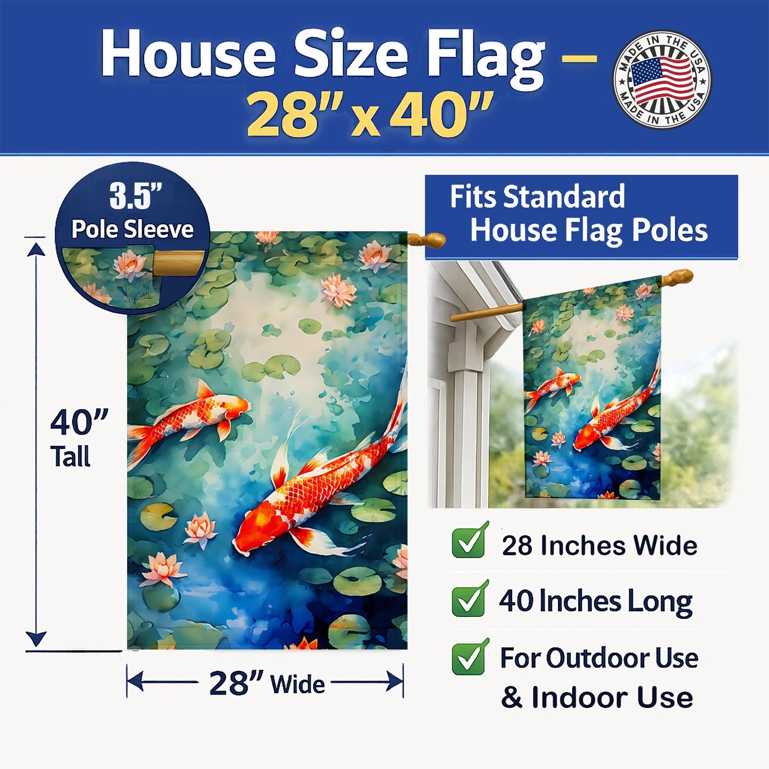 Koi Fish House Flag 28x40 Porch Sleeve Pole Decorative Outside Yard Banner Artwork Wall Hanging, Polyester
