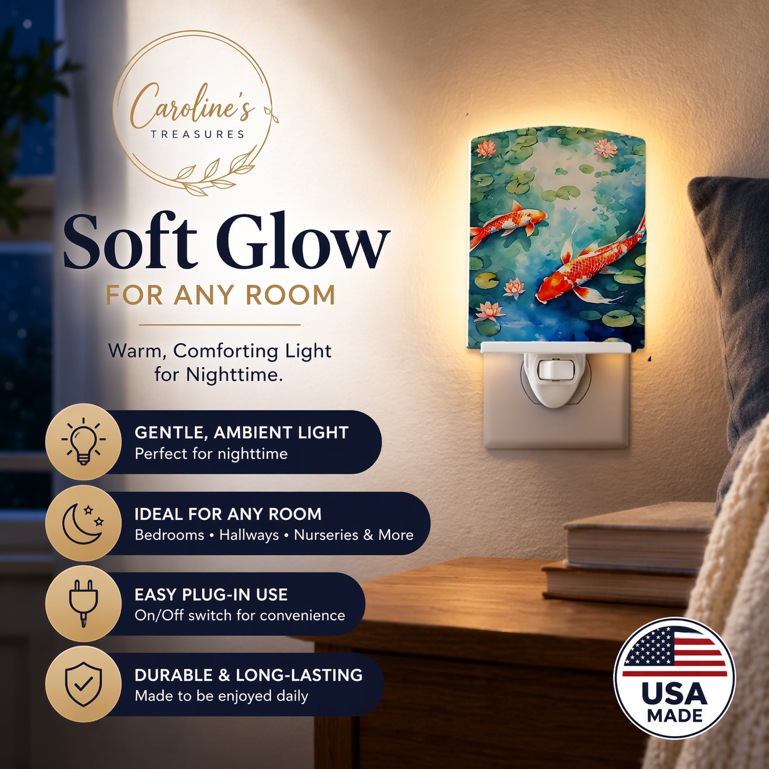 Koi Fish Ceramic Night Light Compact, UL-Certified, Ideal for Bedroom, Bathroom, Nursery, Hallway, Kitchen, 6x4x3, Multicolor