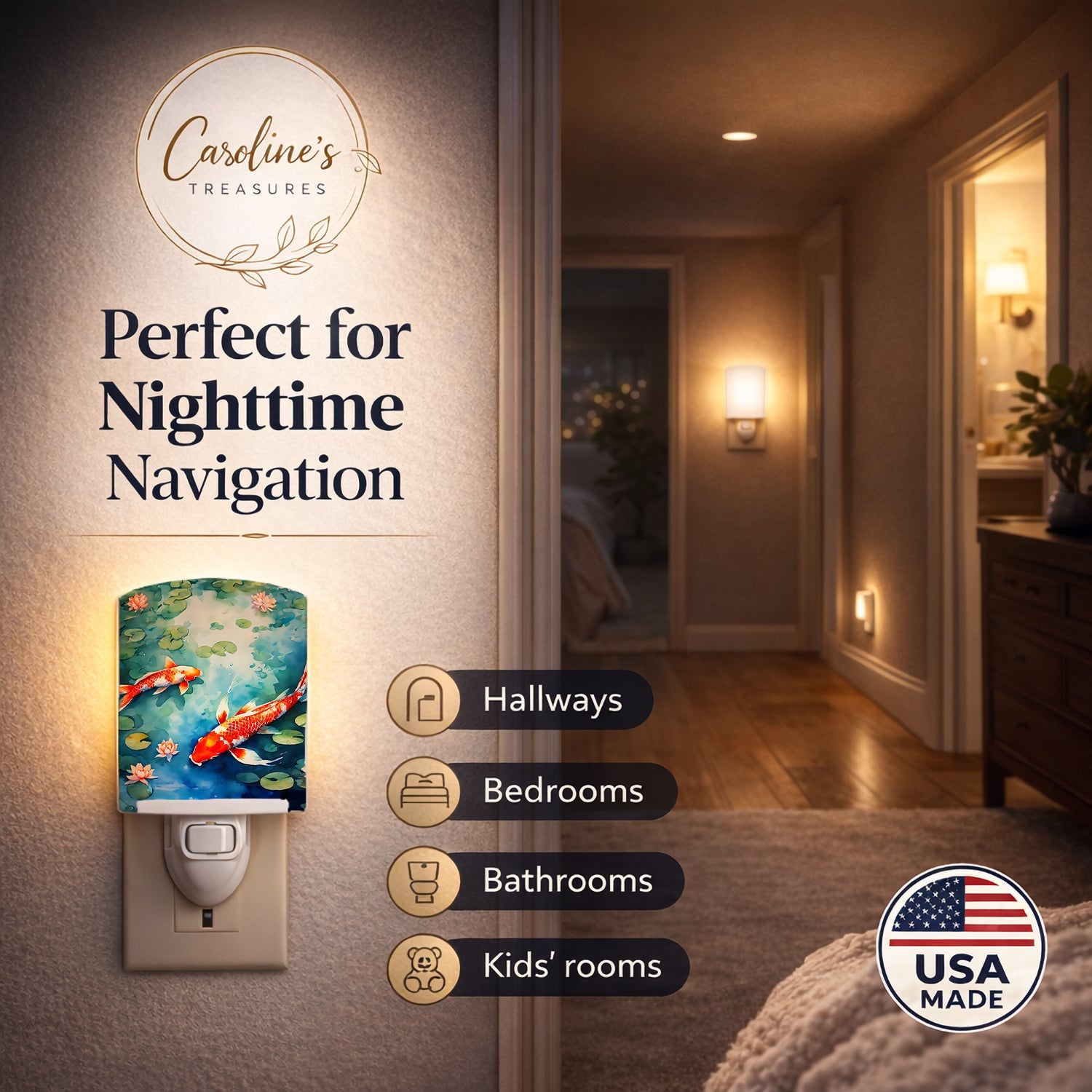 Koi Fish Ceramic Night Light Compact, UL-Certified, Ideal for Bedroom, Bathroom, Nursery, Hallway, Kitchen, 6x4x3, Multicolor