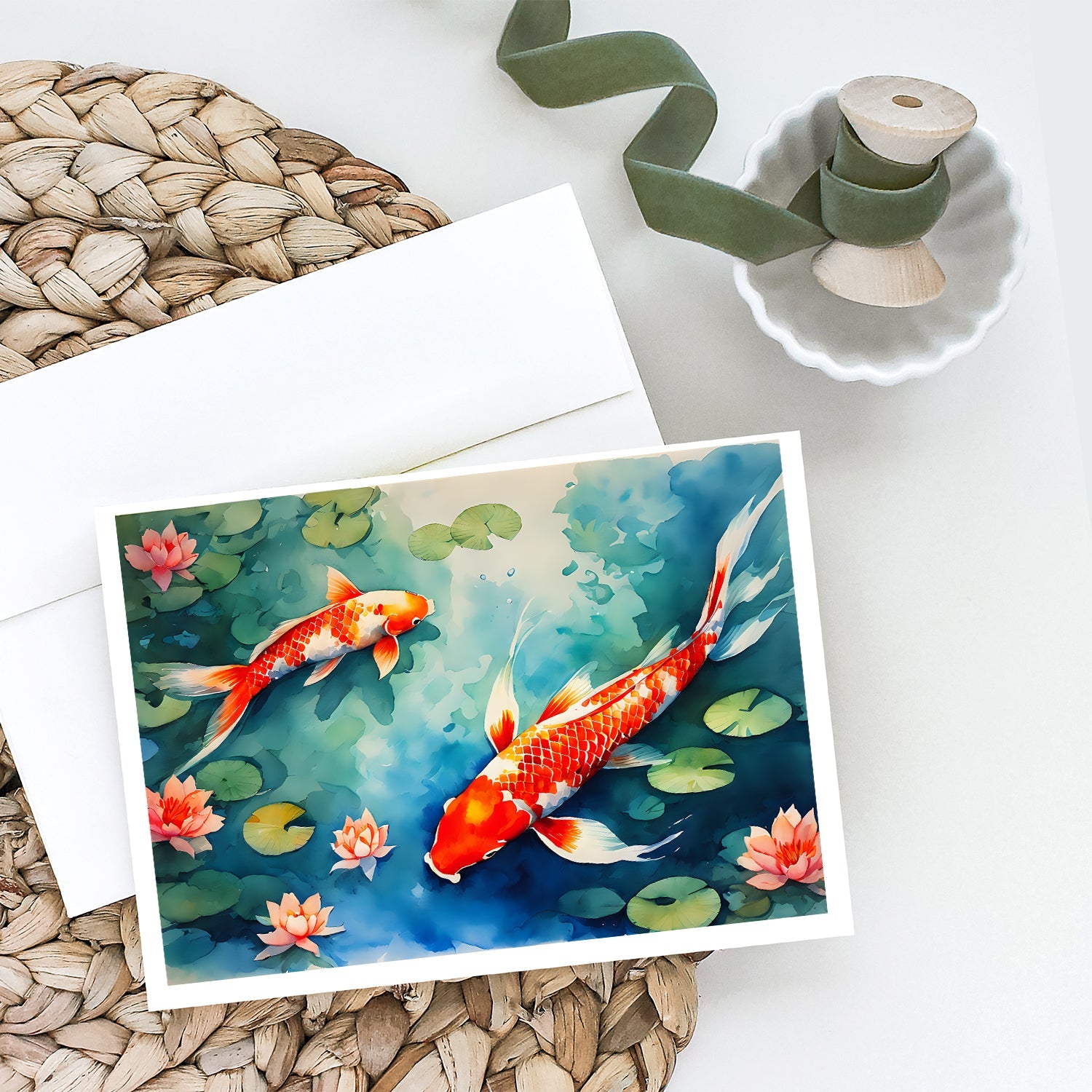 Koi Fish Greeting Cards Pack of 8 Blank Cards with Envelopes Whimsical A7 Size 5x7