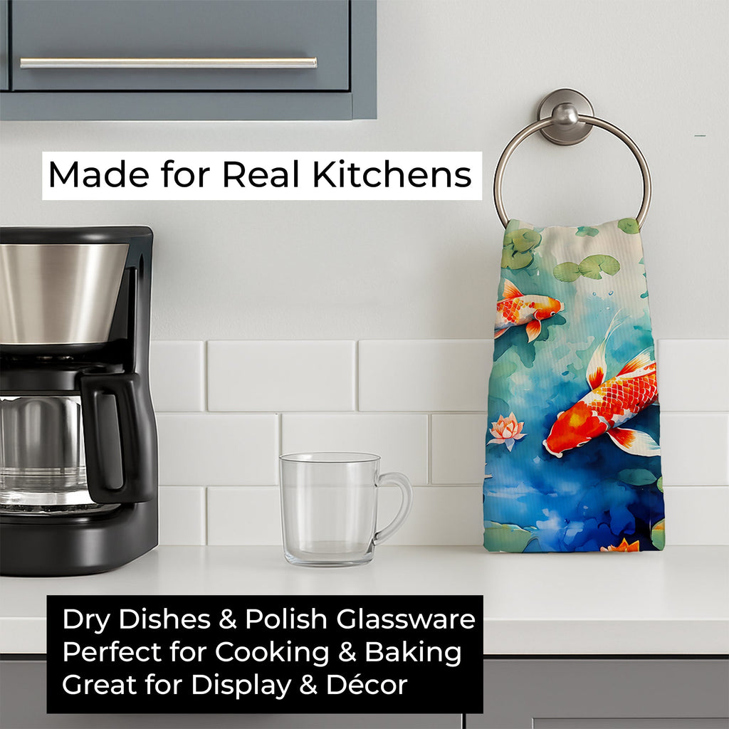 Koi Fish Kitchen Towel Velour Plush Front and Cotton Loop Back Machine Washable