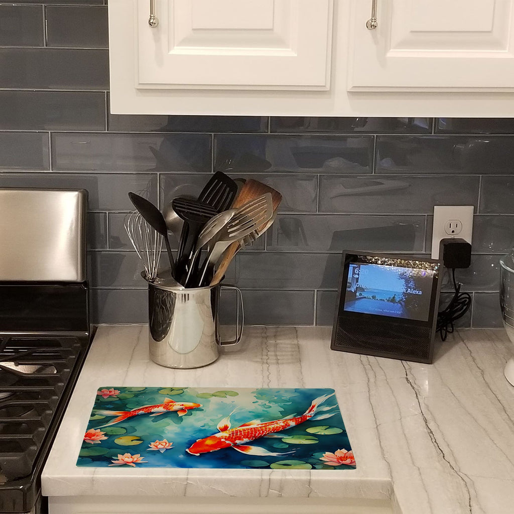 Koi Fish Cutting Board Tempered Glass Kitchen Cutting Surface, Heat Resistant Chopping, Non-Slip Feet, Food Prep & Serving