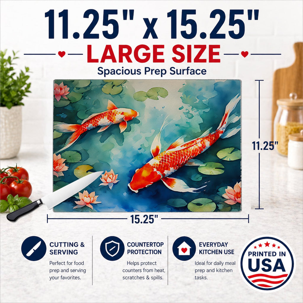 Koi Fish Cutting Board Tempered Glass Kitchen Cutting Surface, Heat Resistant Chopping, Non-Slip Feet, Food Prep & Serving