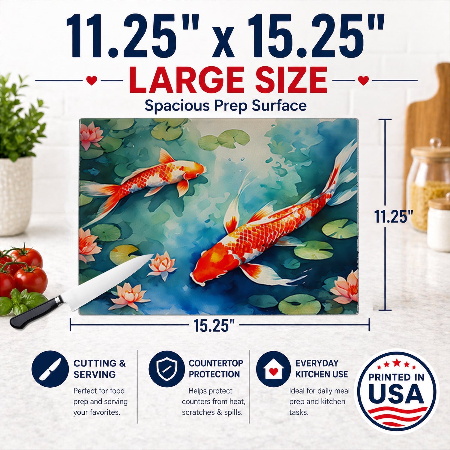 Koi Fish Cutting Board Tempered Glass Kitchen Cutting Surface, Heat Resistant Chopping, Non-Slip Feet, Food Prep & Serving
