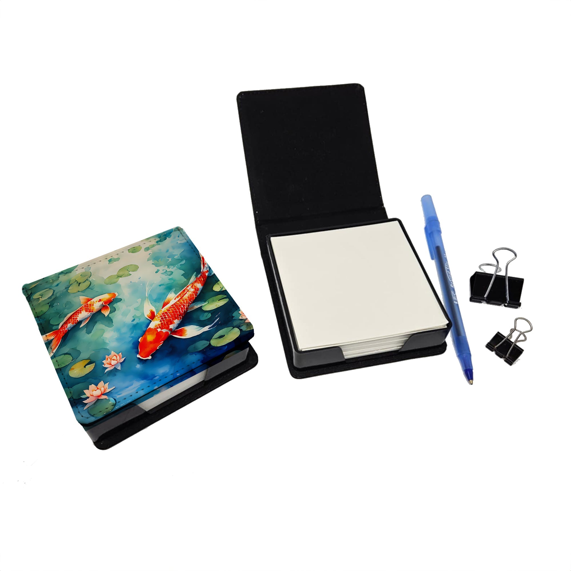 Koi Fish PU Leather Note Paper Holder with Artist-Designed Cover, Desk Accessory, Office Gift