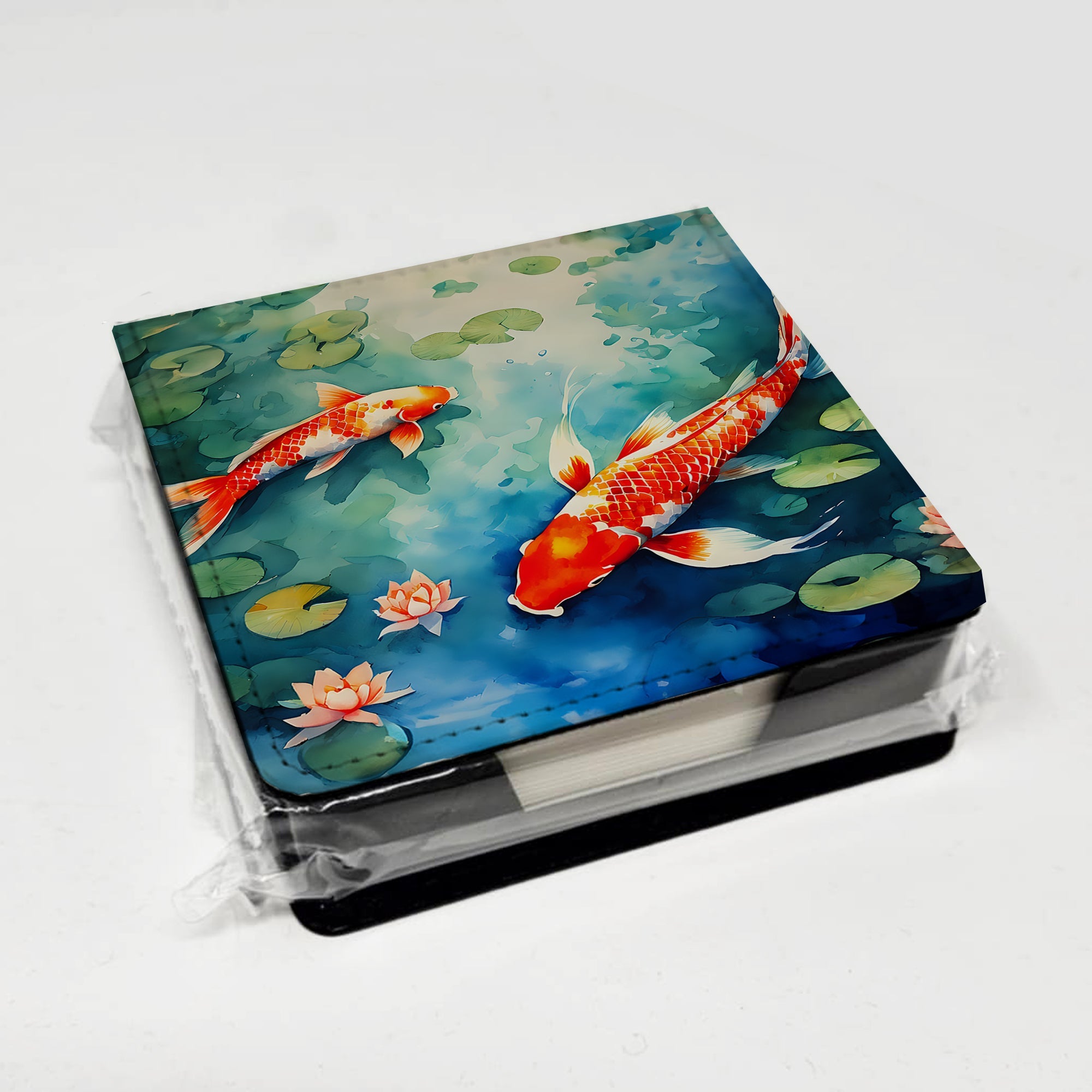 Koi Fish PU Leather Note Paper Holder with Artist-Designed Cover, Desk Accessory, Office Gift