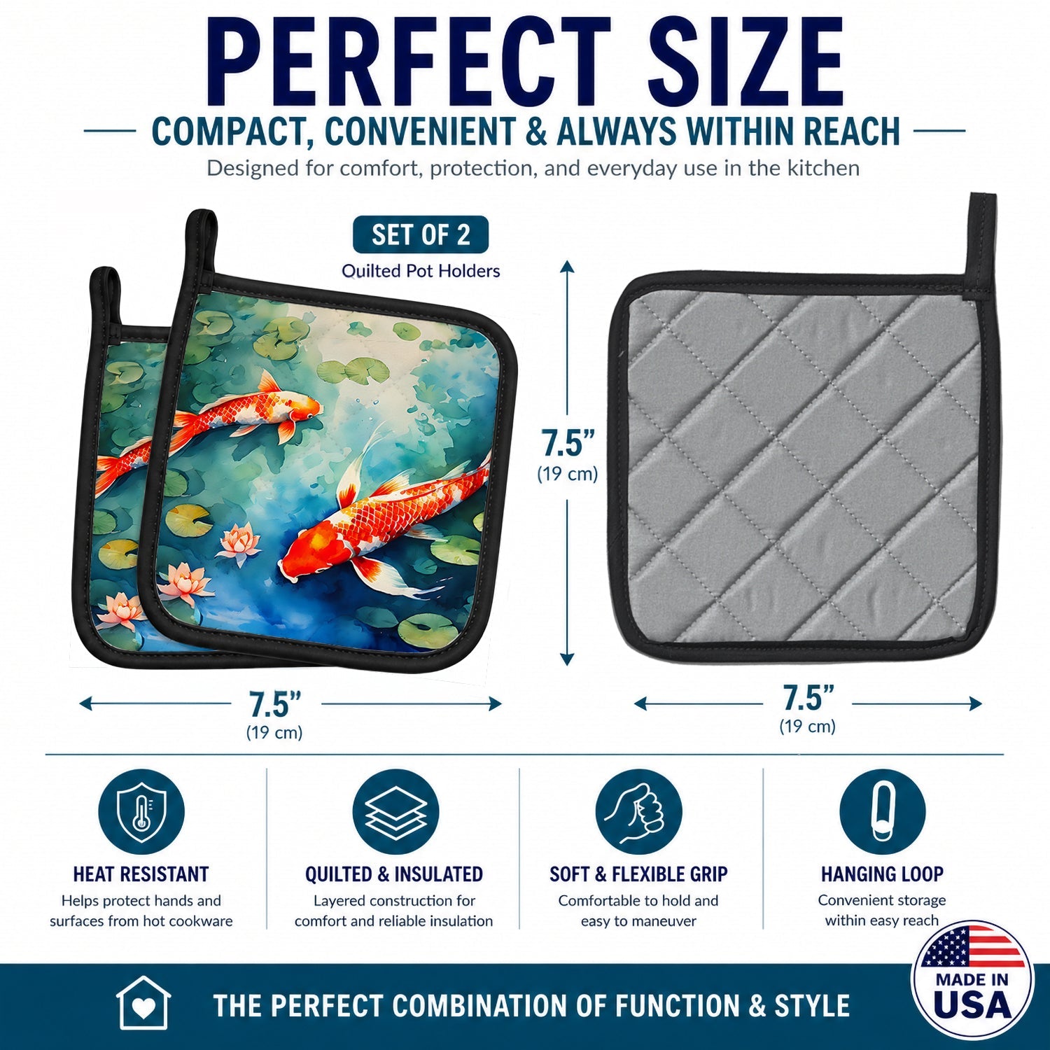 Koi Fish Pot Holder Set of 2 Heat Resistant Quilted Hot Pads 7.5 x 7.5 Inch, Insulated Kitchen Trivets for Cooking & Baking