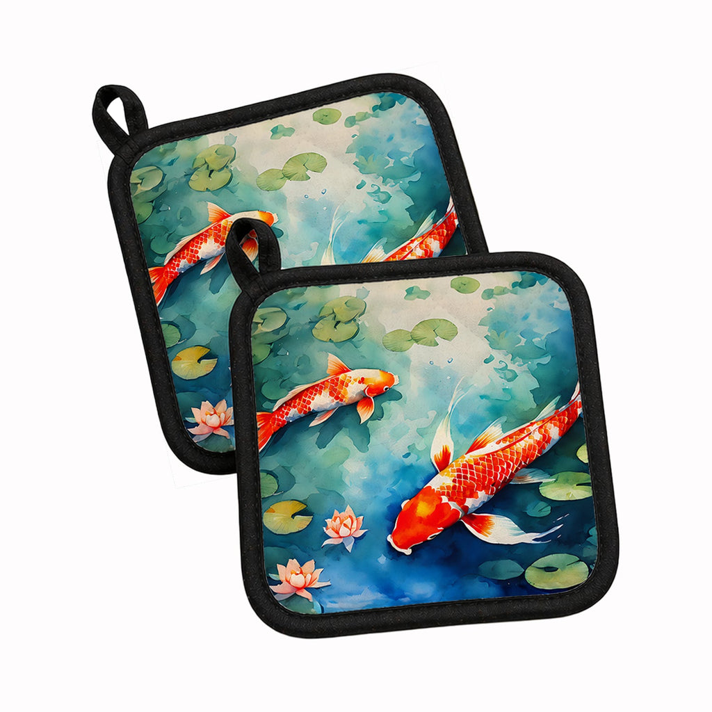 Koi Fish Pot Holder Set of 2 Heat Resistant Quilted Hot Pads 7.5 x 7.5 Inch, Insulated Kitchen Trivets for Cooking & Baking