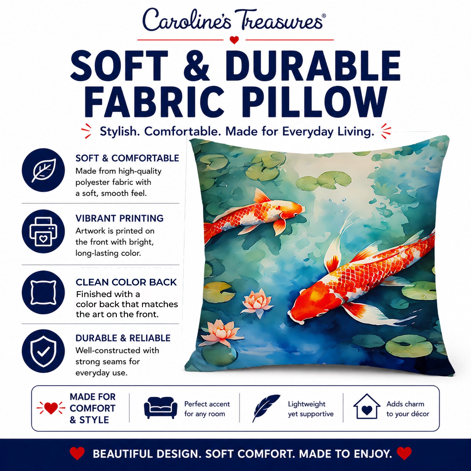 Koi Fish Decorative Throw Pillow 14x14 Indoor Outdoor Accent Cushion, Fabric Cover with Insert for Sofa, Bed, Porch & Living Room